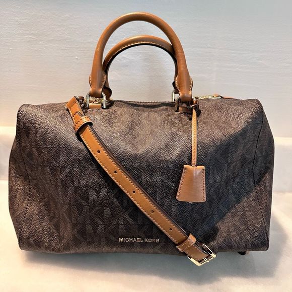 Michael Kors Handbags - Michael Kors Brown Signature Canvas Logo and Leather Kirby Crossbody Purse LIKE